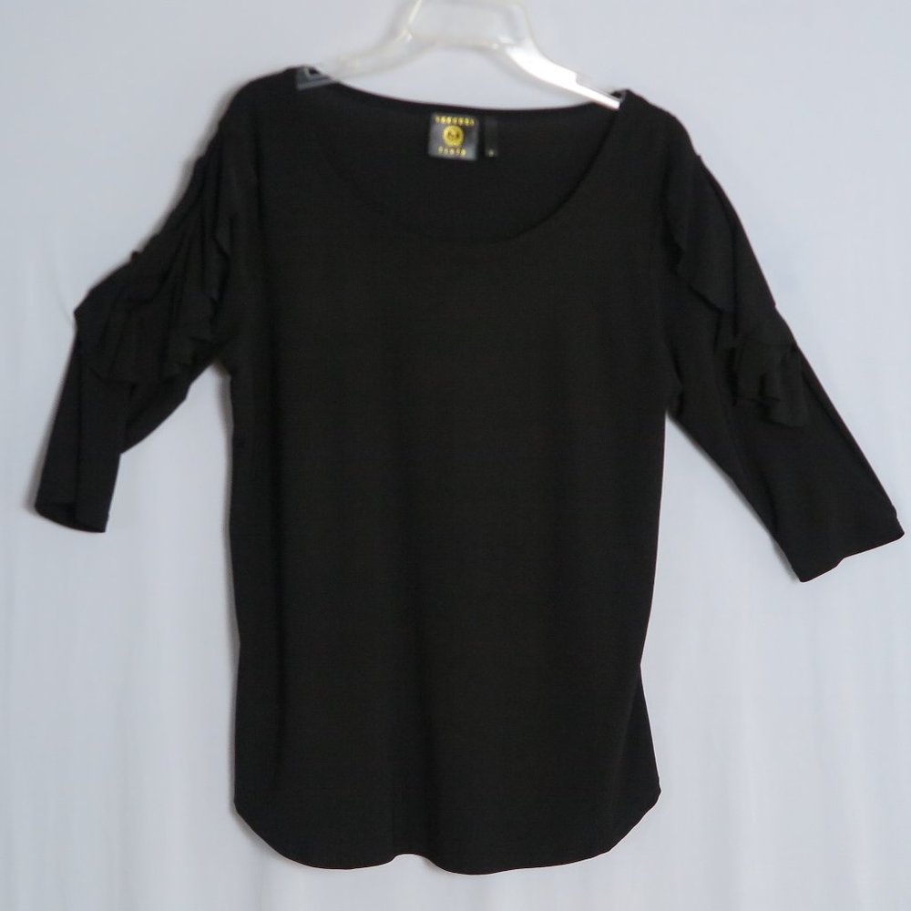 VECCELI ITALY Black Ruffled 3/4 Sleeve Slinky Top Size M